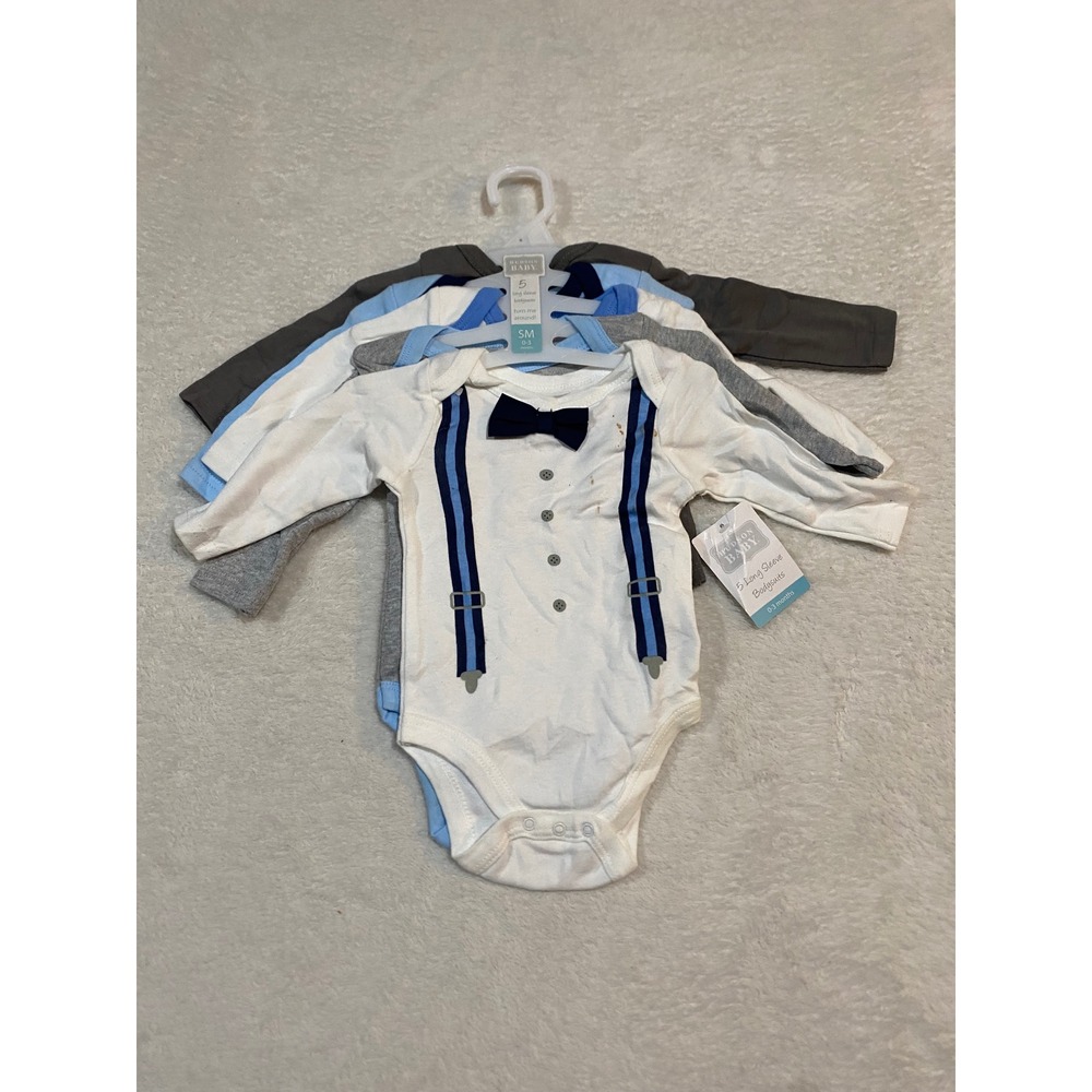 Hudson Baby 5 Pack Long Sleeve Bodysuits 0-3 Months Blue Grey White Tuxedo NWT